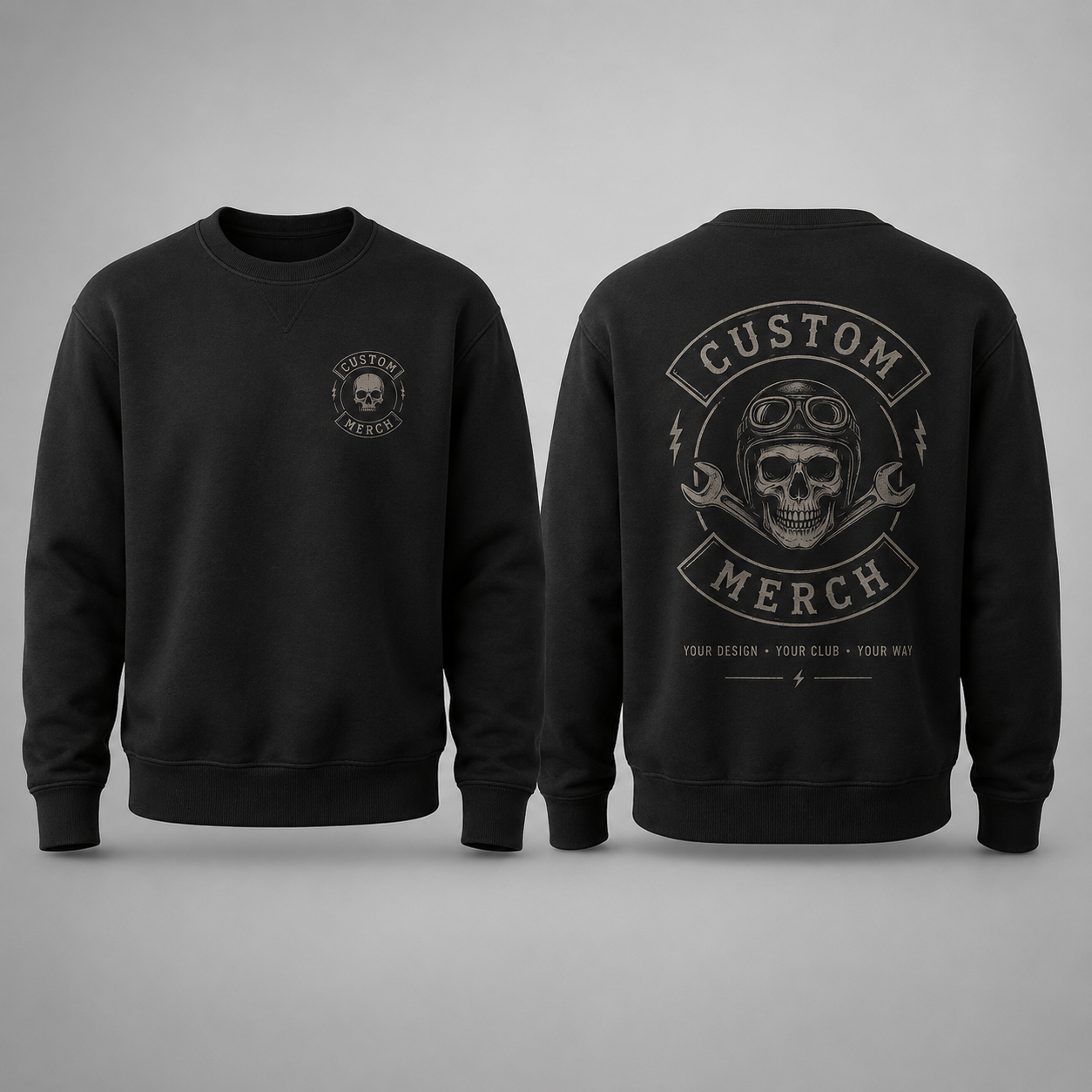Schwarzer Club Pullover und Sweatshirt mit individuellem Biker-Motiv auf Brust und Rücken