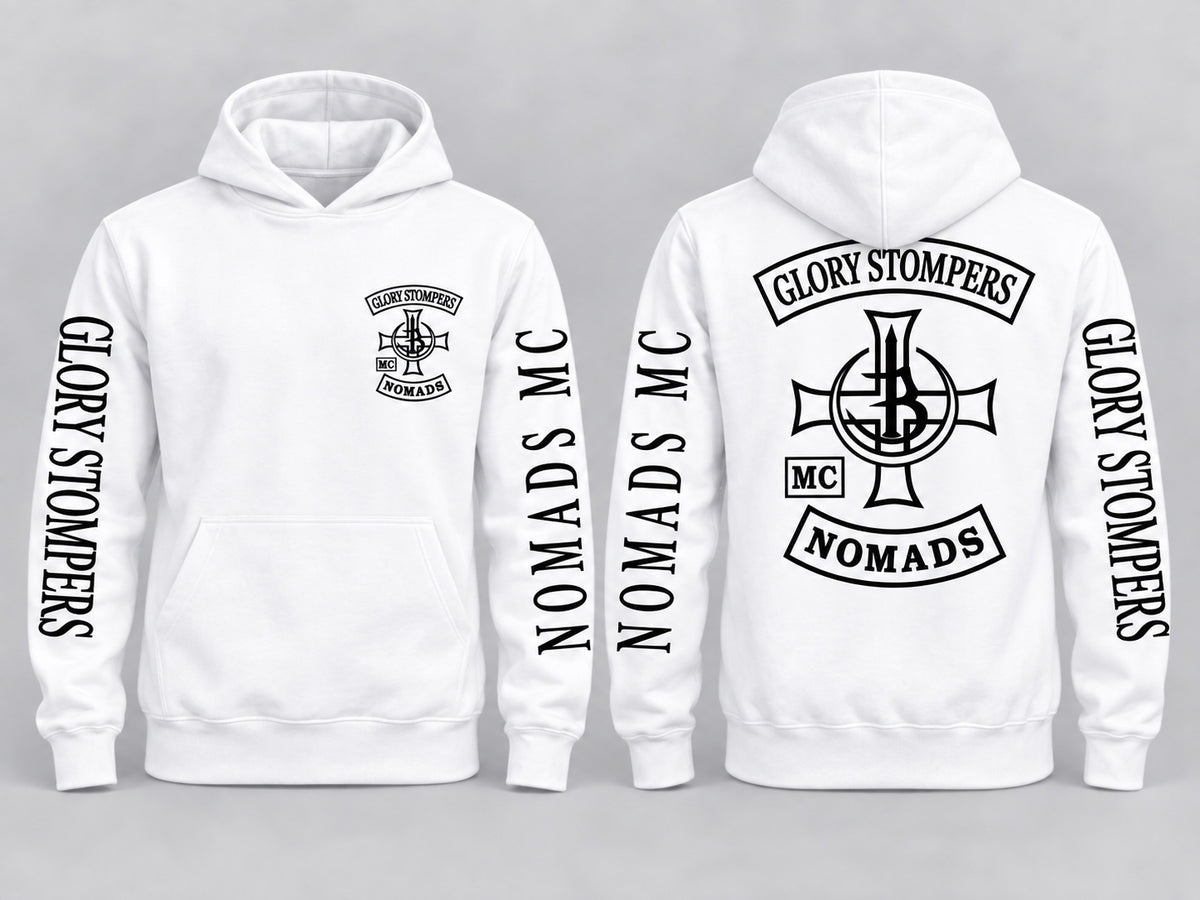 Glory Stompers Nomads MC Hoodie Weiß Vorder- und Rückseite