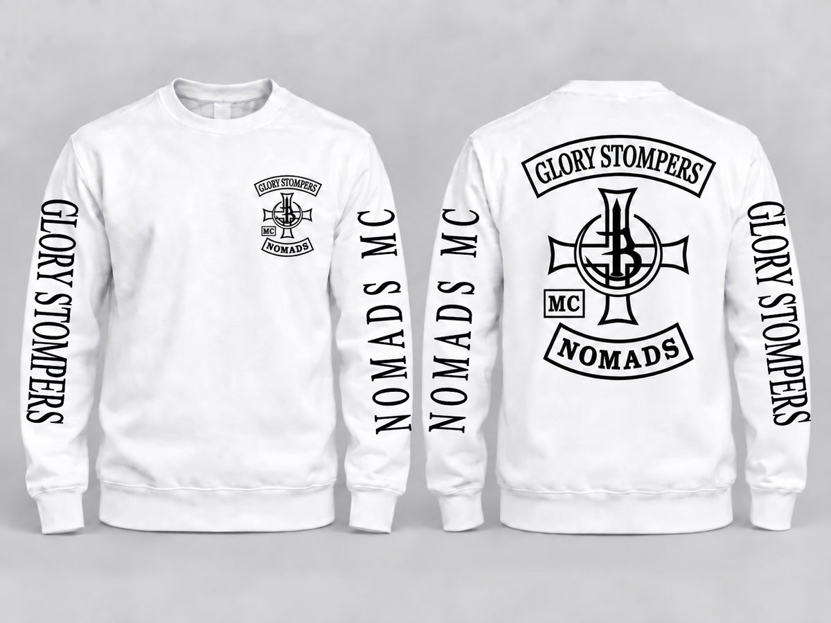 Glory Stompers Nomads MC Sweater Weiß Vorder- und Rückseite