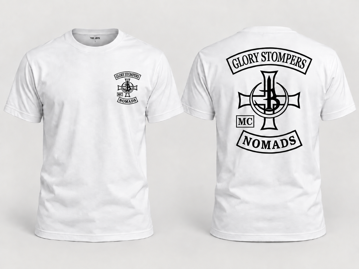 Glory Stompers Nomads MC T-Shirt – Weiß Vorder- und Rückseite