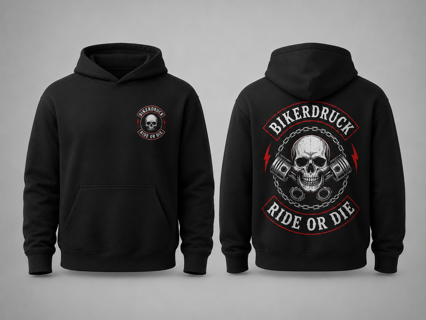 Schwarzer Club Hoodie ohne Kordeln mit individuellem Biker-Motiv auf Brust und Rücken