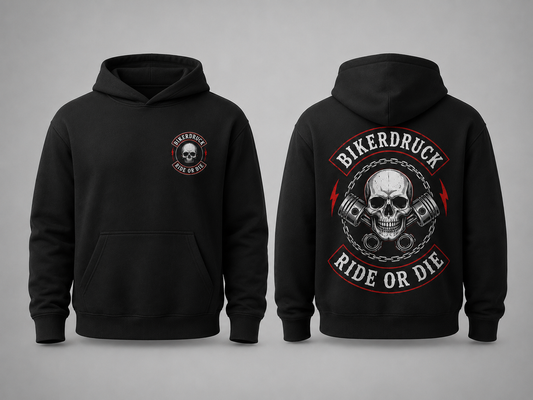 Schwarzer Club Hoodie ohne Kordeln mit individuellem Biker-Motiv auf Brust und Rücken