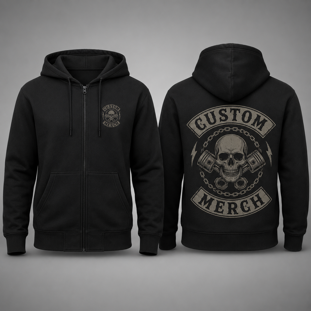 Schwarzer Club Zipper mit individuellem Biker-Motiv auf Brust und Rücken