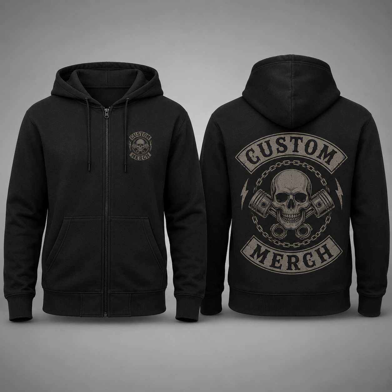 Schwarzer Club Zipper mit individuellem Biker-Motiv auf Brust und Rücken
