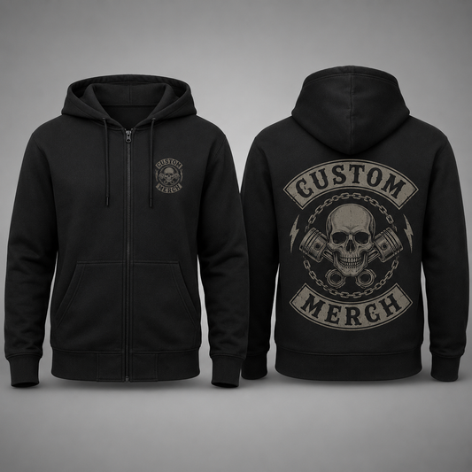 Schwarzer Club Zipper mit individuellem Biker-Motiv auf Brust und Rücken