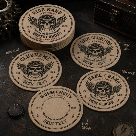 Individuell gestaltbare Bierdeckel im Biker-Stil mit Clublogo, Wunschtext und personalisiertem Design