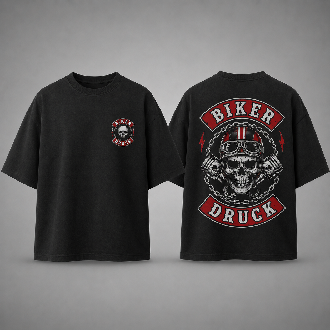 Schwarzes Oversize Biker T-Shirt mit Brustlogo und großem Rückenmotiv