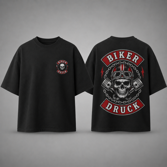 Schwarzes Oversize Biker T-Shirt mit Brustlogo und großem Rückenmotiv