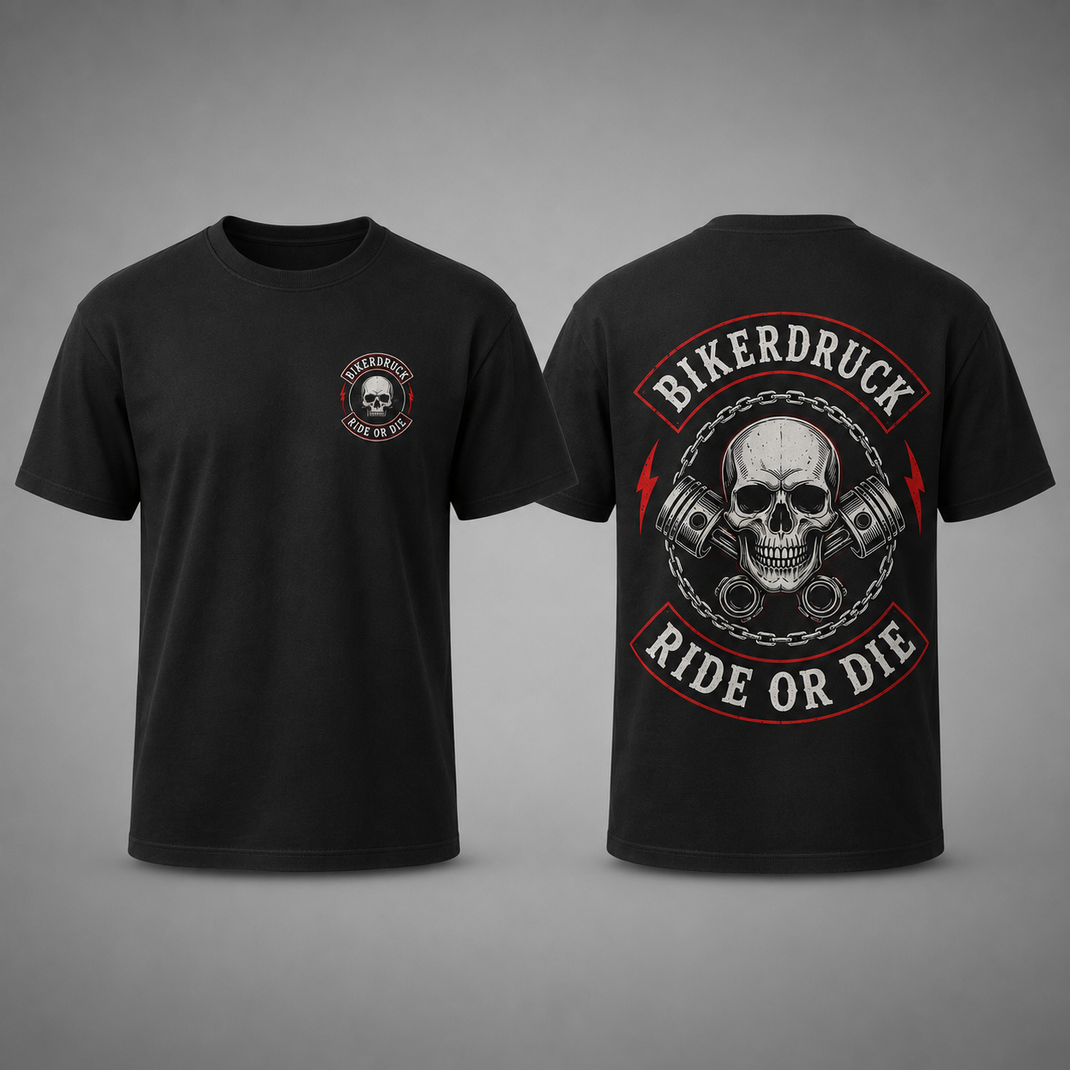 Schwarzes Biker T-Shirt mit Brustlogo und großem Rückenmotiv im Club-Merch-Stil