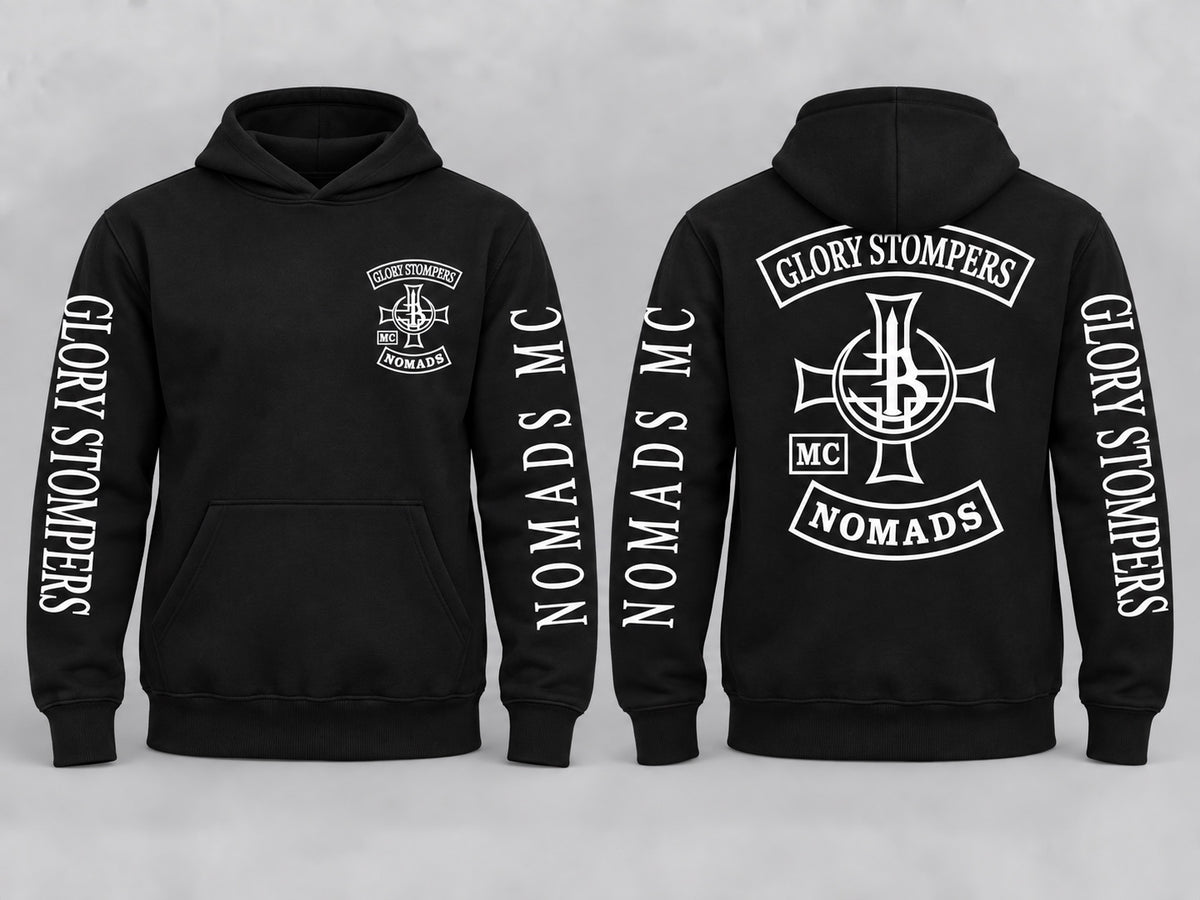 Glory Stompers Nomads MC Hoodie Schwarz Vorder- und Rückseite