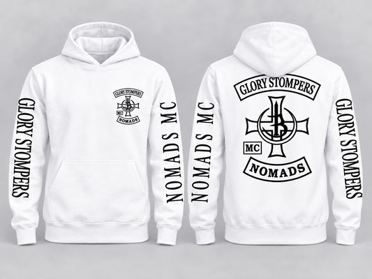 Glory Stompers Nomads MC Hoodie Weiß Vorder- und Rückseite