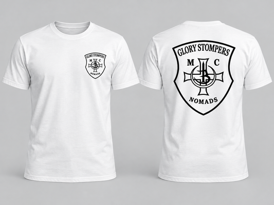 Glory Stompers Nomads MC Support T-Shirt Weiß Vorder- und Rückseite