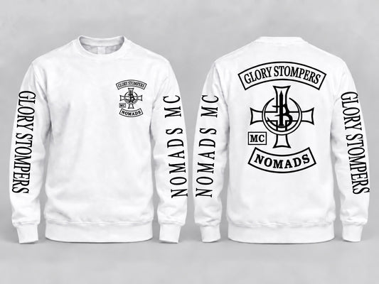 Glory Stompers Nomads MC Sweater Weiß Vorder- und Rückseite