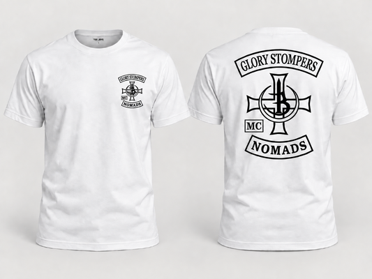 Glory Stompers Nomads MC T-Shirt – Weiß Vorder- und Rückseite