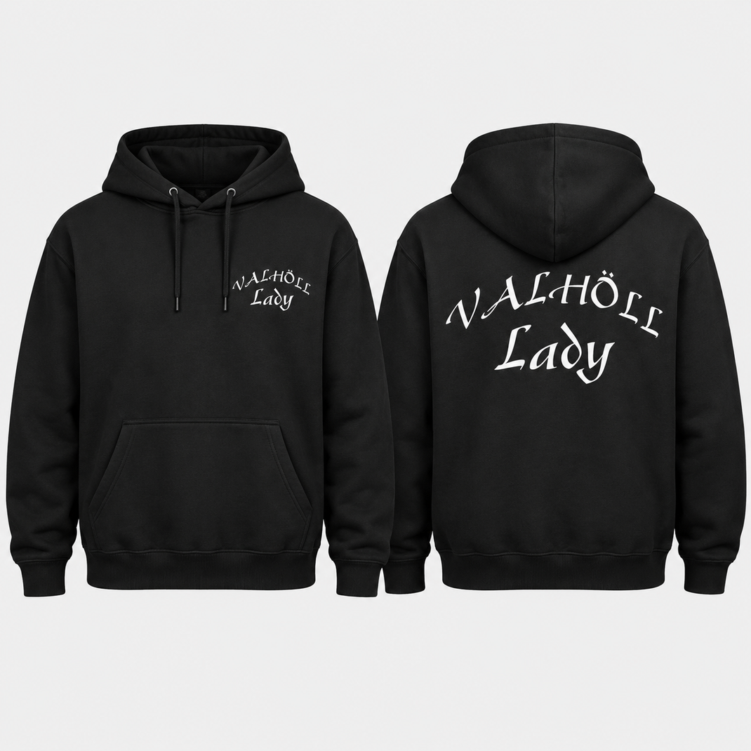 Valhöll Lady JH120 Hoodie Schwarz mit kleinem Brustmotiv und großem Rückenmotiv