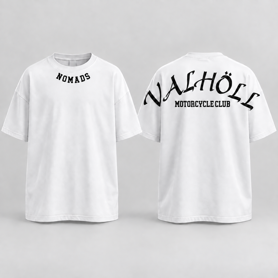 Valhöll MC Oversize T-Shirt Weiß mit Nomads Frontprint und Valhöll Motorcycle Club Rückenprint